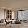 Modern Living Room Interior With Sofa Coffee Table Bookshelf And Window Blinds