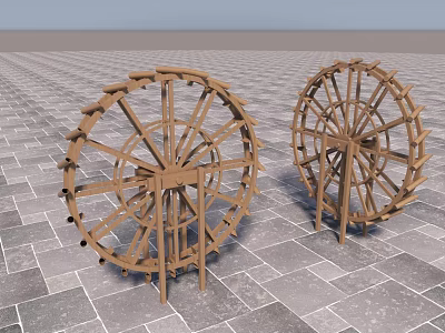 Garden Landscape With Wooden Water Wheels On Stone Tile Ground Design 3d model