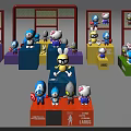Colorful Dolls Display Featuring Various Characters On Multicolored Stands And Sports Themed Setup