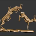 Golden Decorative Deer Sculptures In Jumping Poses With Three Deer On Irregular Base 3d model