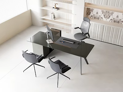 Modern Office Desk With Computer Monitor Pen Notebook Black Chairs White Bookshelf In Minimalist Interior 3d model