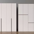 Two Modern White Wardrobes with Striped Handles and Horizontal Panel Accents on Herringbone Wood Floor