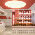 Family Dessert Shop Interior With Pink White Decor Display Cases And Fresh Bread