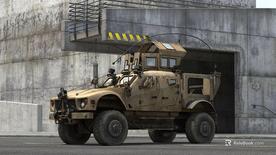 Military Utility Vehicle With Reinforced Body Large Tires And Roof Equipment Near Concrete Tunnel 3d model 