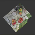 Fresh Colorful Fruits Filled in Wheelbarrows on Stone Path with Green Plants