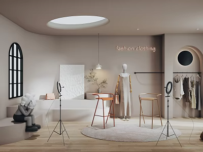 Modern Public Office Space Featuring Circular Skylight Curved Walls Wooden Floors and Fashion Clothing 3d model