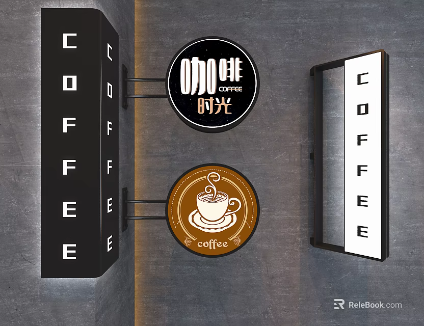 Modern Coffee Themed Wall Hangings with Black White Brown Signs and Coffee Cup Design 3d model 