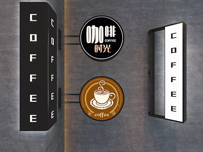 Modern Coffee Themed Wall Hangings with Black White Brown Signs and Coffee Cup Design 3d model