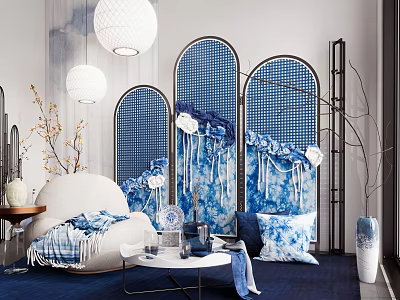 Art Installation With Blue White Grid Screen Modern Sofa And Hanging Lamps 3d model
