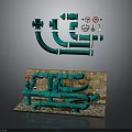 Green Pipe System With Various Fittings And Brick Base Installation Model 3d model