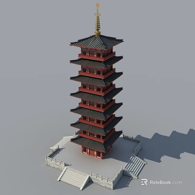 Traditional Chinese Pagoda With Multiple Red Tiers Black Roofs And Golden Spire 3d model 