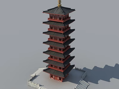 Traditional Chinese Pagoda With Multiple Red Tiers Black Roofs And Golden Spire 3d model
