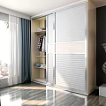 Modern Wardrobe With Sliding Doors Open Shelves Folded Clothes In Bright Room With Wooden Floor