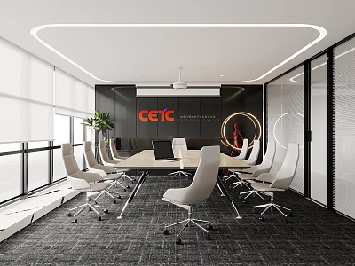 Modern Meeting Room Interior With White Chairs Long Table CETC Logo And Glass Partitions 3d model