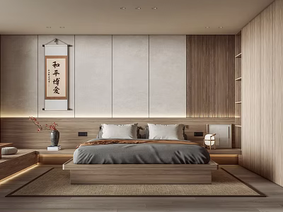 Japanese Style Bedroom Interior With Wooden Platform Bed Gray Bedding And Calligraphy 3d model