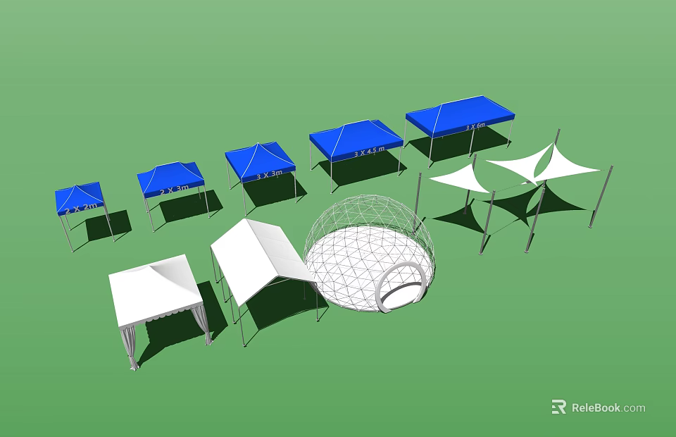 Various Tensile Membrane Structures with Blue and White Canopies and Different Shapes 3d model 