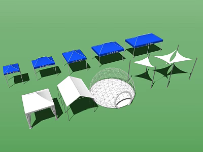 Various Tensile Membrane Structures with Blue and White Canopies and Different Shapes 3d model