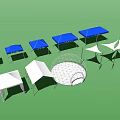 Various Tensile Membrane Structures with Blue and White Canopies and Different Shapes