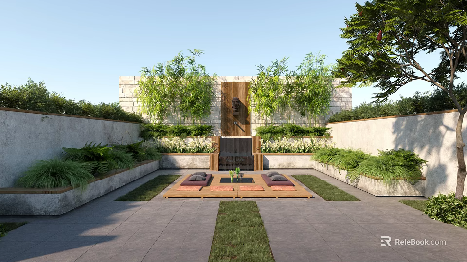 Serene Courtyard Garden With Stone Walls Lush Green Vines Wooden Platform And Lawn 3d model 