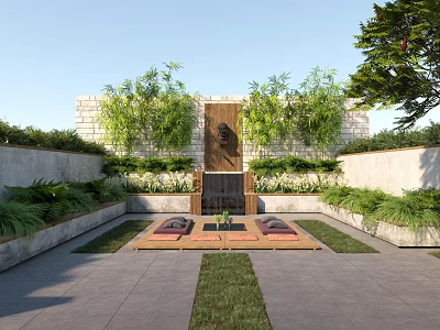 Serene Courtyard Garden With Stone Walls Lush Green Vines Wooden Platform And Lawn 3d model
