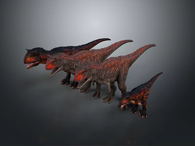Realistic Dinosaur Group Lined Up with Lava Textured Skin in Various Sizes 3d model