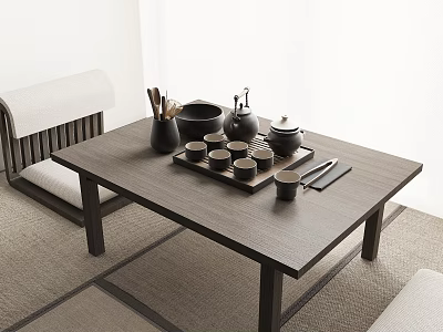 Black Tea Set with Teapot Cups and Spoons on Dark Wooden Table in Tatami Room 3d model