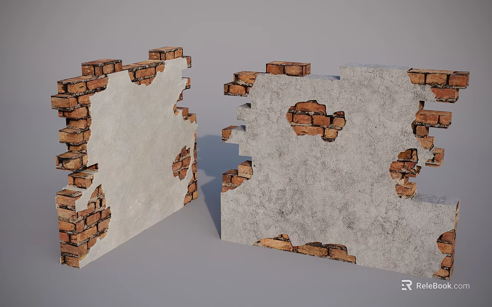 Building Exterior Wall With Damaged Bricks Peeling Plaster And Cracked Concrete Surface 3d model 