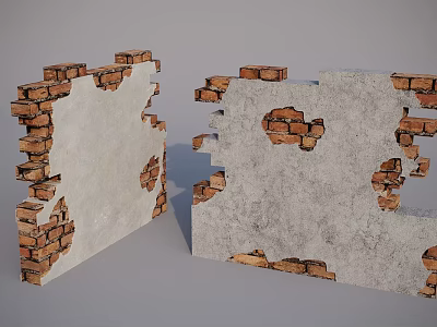 Building Exterior Wall With Damaged Bricks Peeling Plaster And Cracked Concrete Surface 3d model