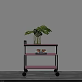 Pink Three Tier Trolley With Green Plant And Small Cups On Wooden Floor