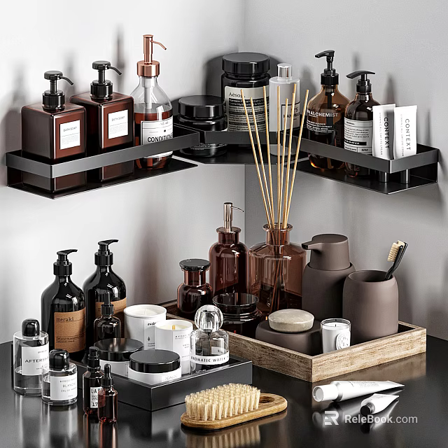 Elegant Modern Bathroom Accessories With Shelves Trays Soap Dispensers Diffusers And Candles 3d model 