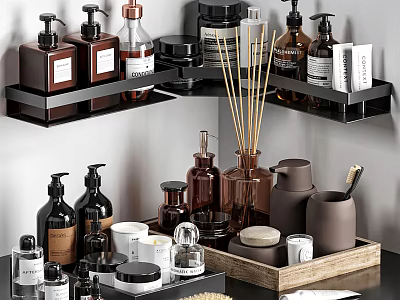 Elegant Modern Bathroom Accessories With Shelves Trays Soap Dispensers Diffusers And Candles 3d model