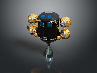 Futuristic Black Device With Golden Spheres Blue Windows Connecting Wires And Conical Base 3d model
