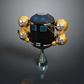 Futuristic Black Device With Golden Spheres Blue Windows Connecting Wires And Conical Base