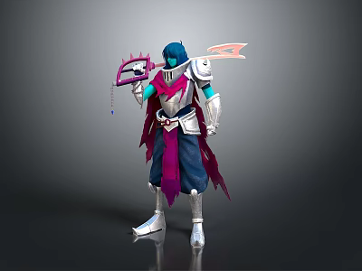 Man In Silver Armor With Blue Hair Holding Scythe And Purple Cloak 3d model