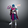 Man In Silver Armor With Blue Hair Holding Scythe And Purple Cloak