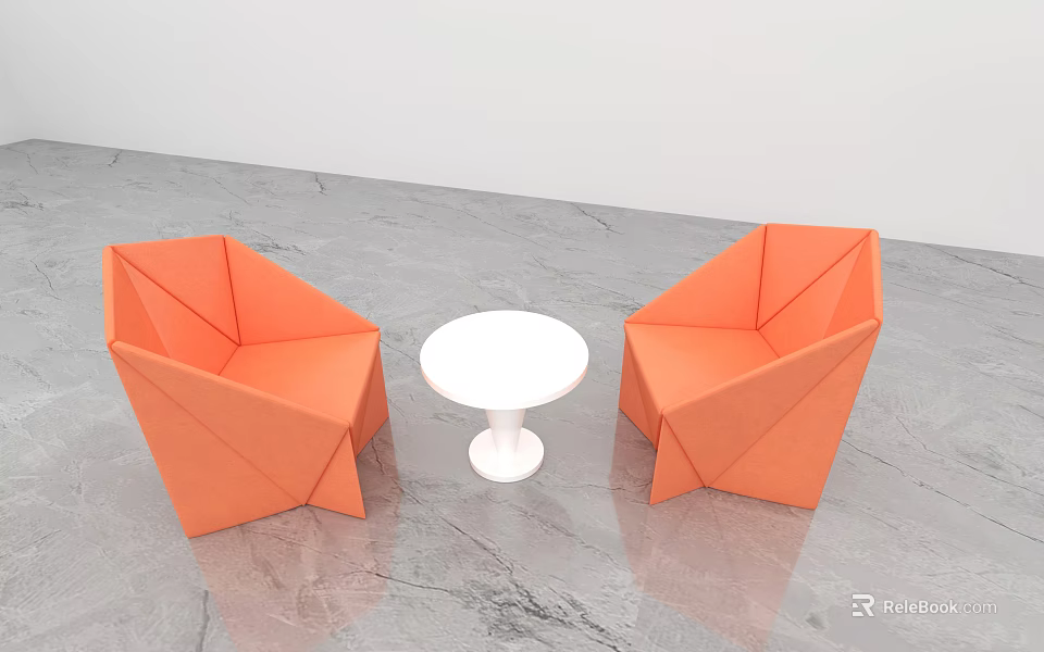 Modern Orange Chairs and Small White Round Table Set on Gray Marble Floor 3d model 