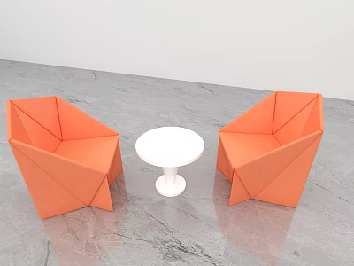 Modern Orange Chairs and Small White Round Table Set on Gray Marble Floor 3d model