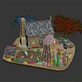 Miniature Log Cabin Farm Model With Blue Roof Chimney Tree Windmill Red Tractor And Pigs