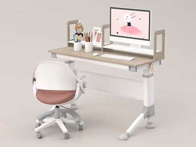 Light Wood Kids Desk with Adjustable Height Computer Chair and Stationery Organizer 3d model