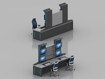 Control Room Setup With Monitoring Consoles Multiple Screens And Ergonomic Chairs 3d model