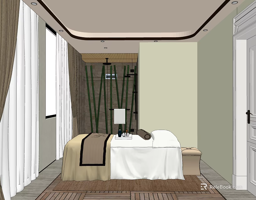 Luxurious SPA Sauna Room Interior With Massage Bed Bamboo Decor And Table Lamp 3d model 