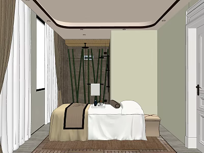 Luxurious SPA Sauna Room Interior With Massage Bed Bamboo Decor And Table Lamp 3d model