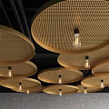 Multiple Decorative Lights With Round Perforated Panels And Exposed Bulbs On Ceiling 3d model