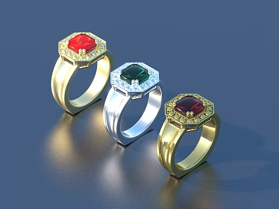 Elegant Jewelry Rings With Hexagon Red Green Deep Red Gemstones Set In Gold Silver Bands 3d model