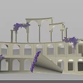 Floral Display With Multi Layered White Arch Structures And Purple Hanging Flowers