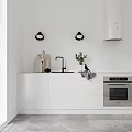 Minimalist White Kitchen Interior With Island Counter White Cabinets And Black Stools