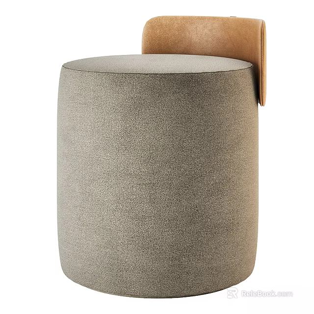 Modern Round Ottoman Upholstered In Light Gray Fabric With Cylindrical Design And Soft Top 3d model 