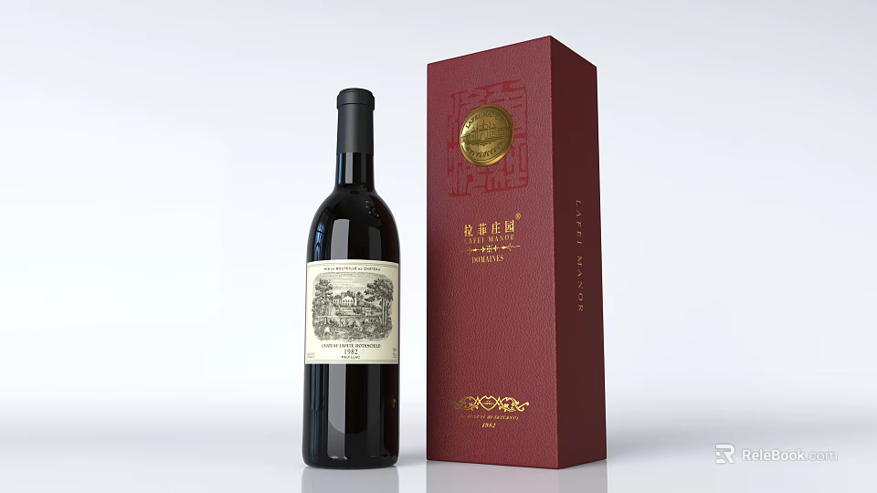 Luxury Red Wine Bottle and Glass with Golden Emblem in Gift Box 3d model 