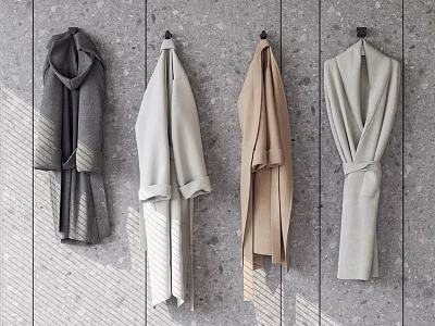 Minimalist Modern Coats In Dark Gray Light Gray And Beige Hanging On Gray Wooden Wall 3d model