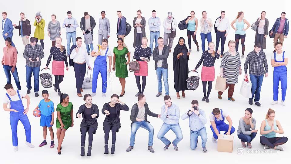 Group of Diverse People in Various Poses Standing And Sitting Holding Bags And Items 3d model 